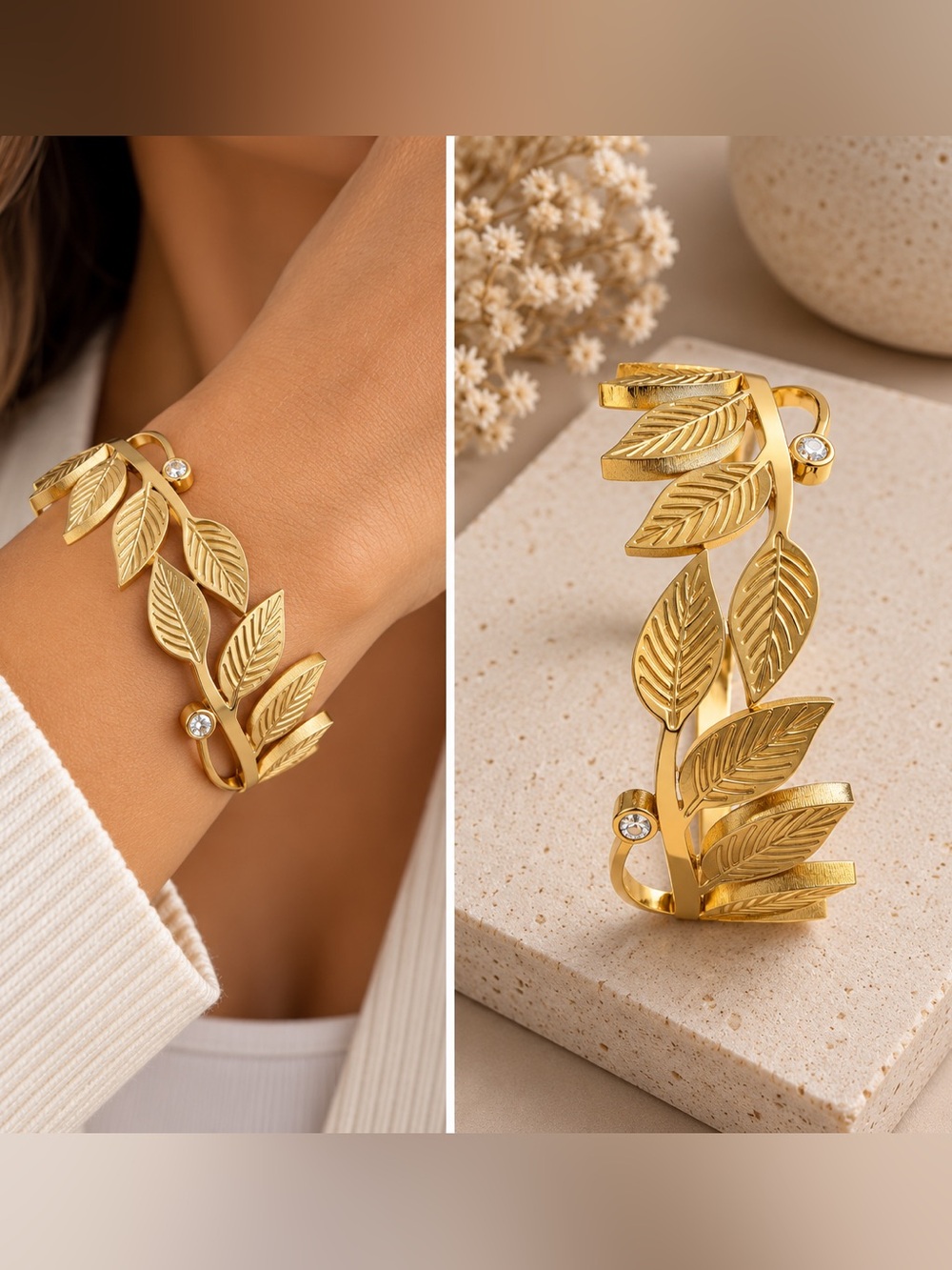 Gold Leaf Cuff Bracelet Crystal Accents | Statement